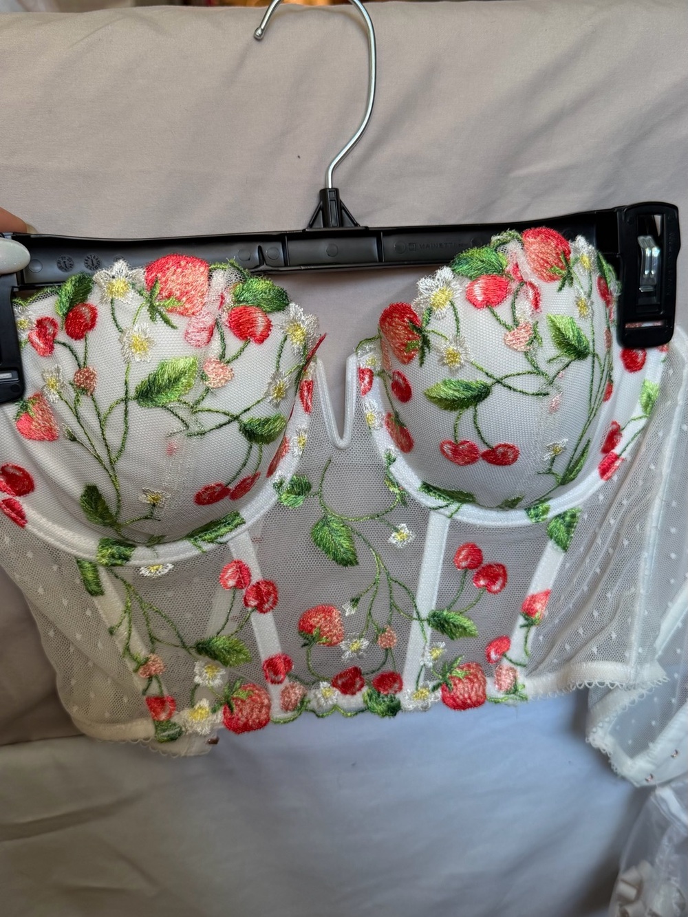 White Floral Embroidered Bustier with Red Cherry Accents